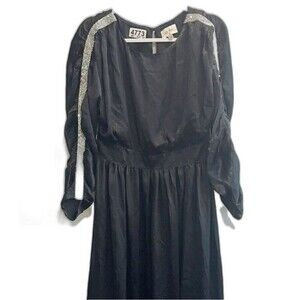 Aura Dress Women Black Maxi Poplin L Silver Bead Long Sleeve Formal Party NWT